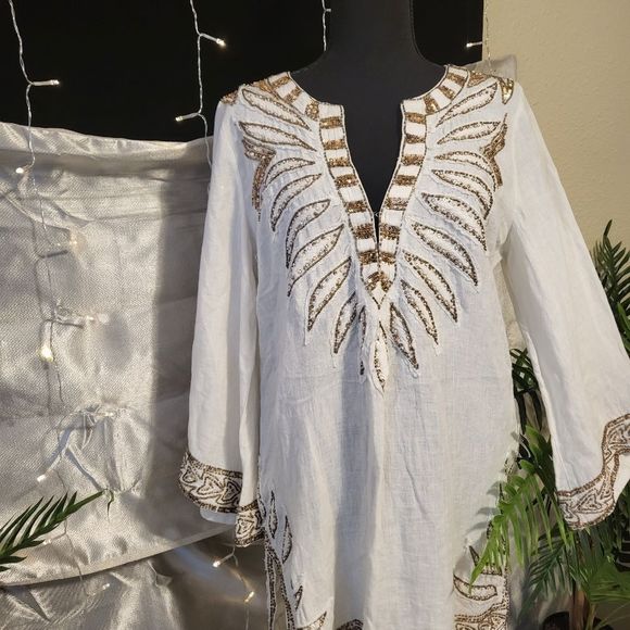 Calypso St. Barth Tops - CALYPSO beaded Linen Women's Beaded Tunic